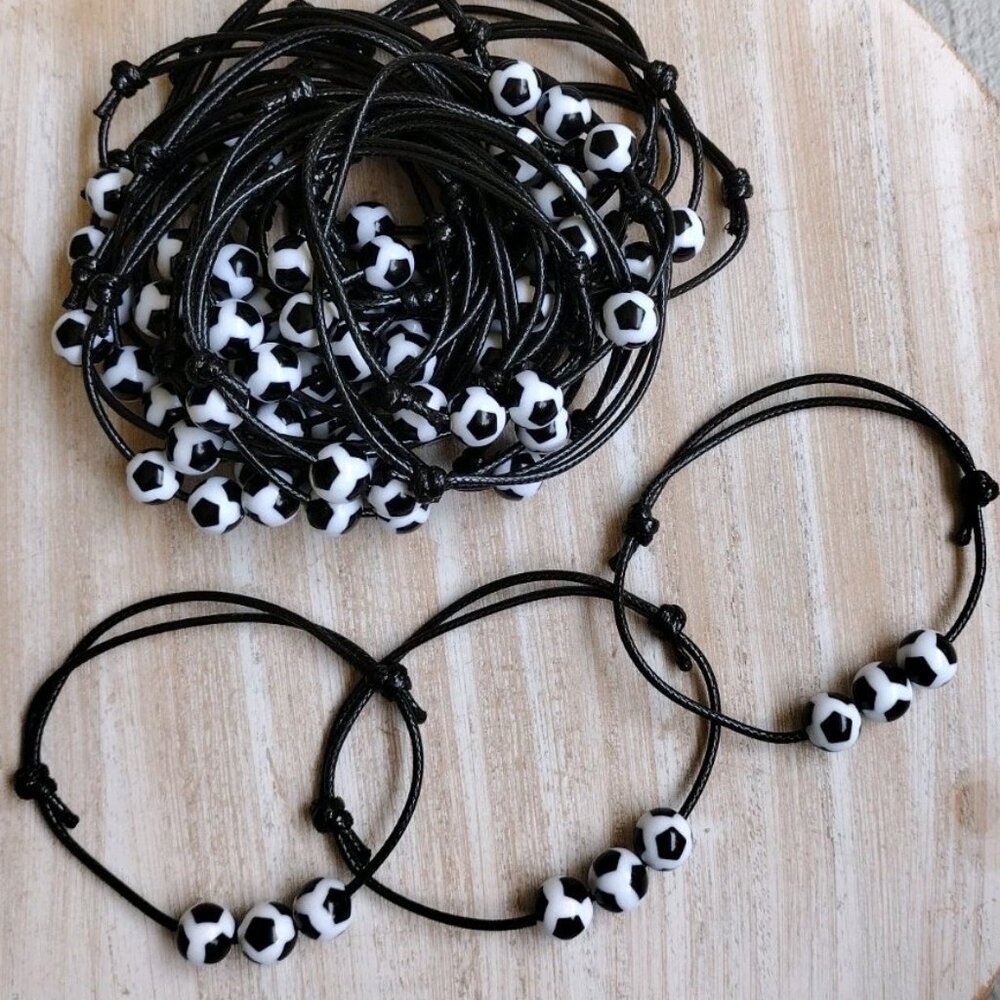 30 Pk Soccer Ball Bead Bracelets Adjustable Wristbands Black Cord Unisex Kids